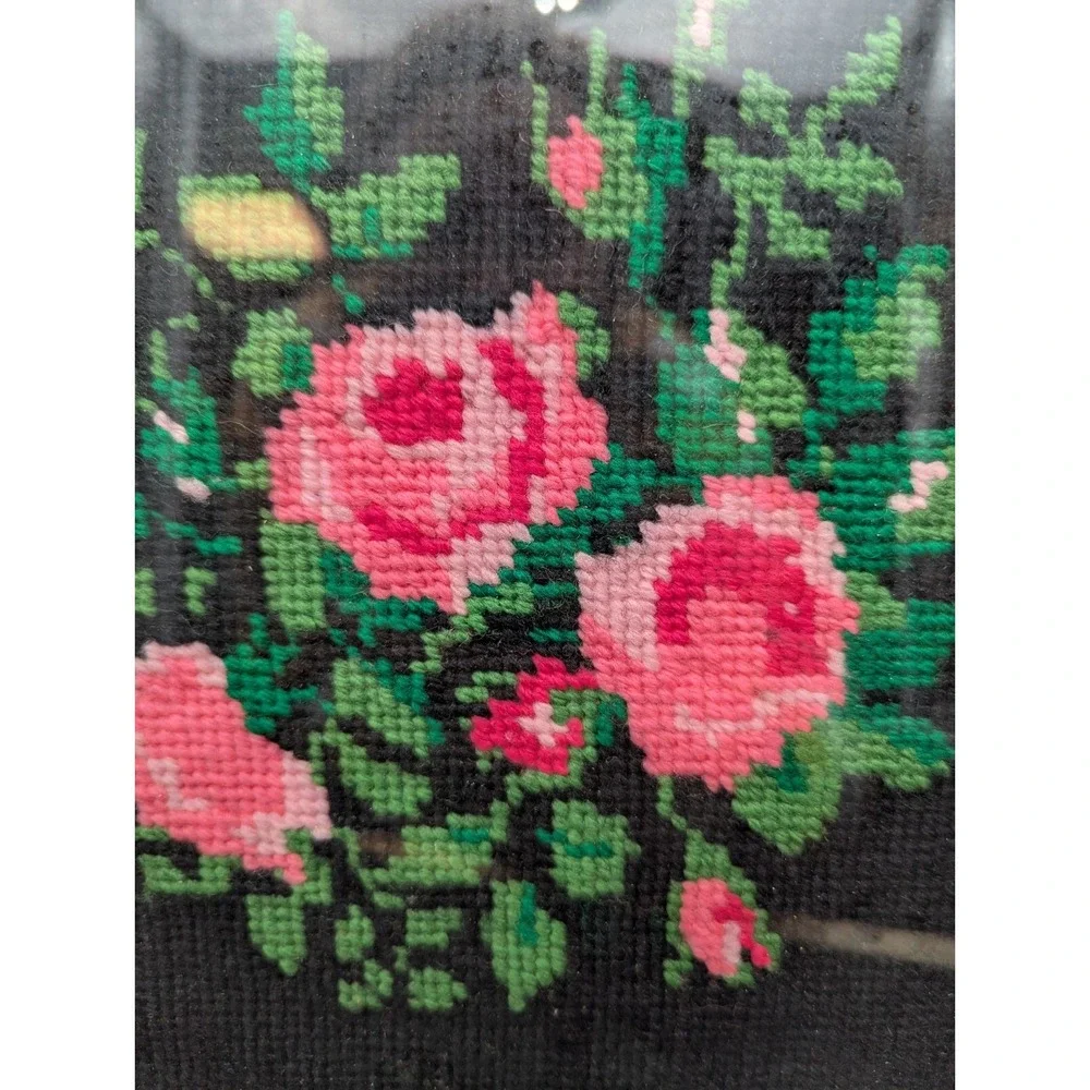 Vtg Framed Completed CROSS-STITCH FLORAL Roses Black Pink Green 11 5/8 X 11 5/8
